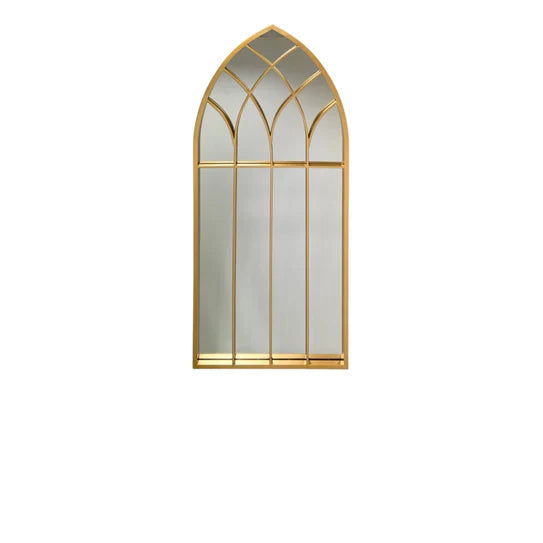 Cathedral Elegance: Arched Gold Window Mirror